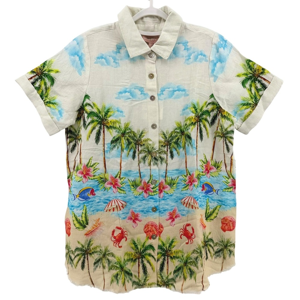 Show Me Your Mumu Port Button Down Island Life Linen Blend Tropical Shirt S NEW